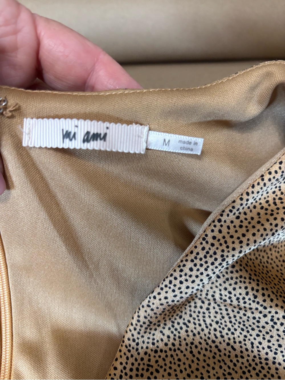 Mi Ami Satin Polka Dot Slip Dress in Camel and Black